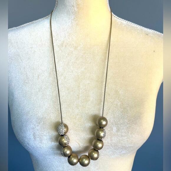 Madewell 1937 Gold Tone Long Necklace with Rhinestone Large Gold Tone Beads - Picture 1 of 4